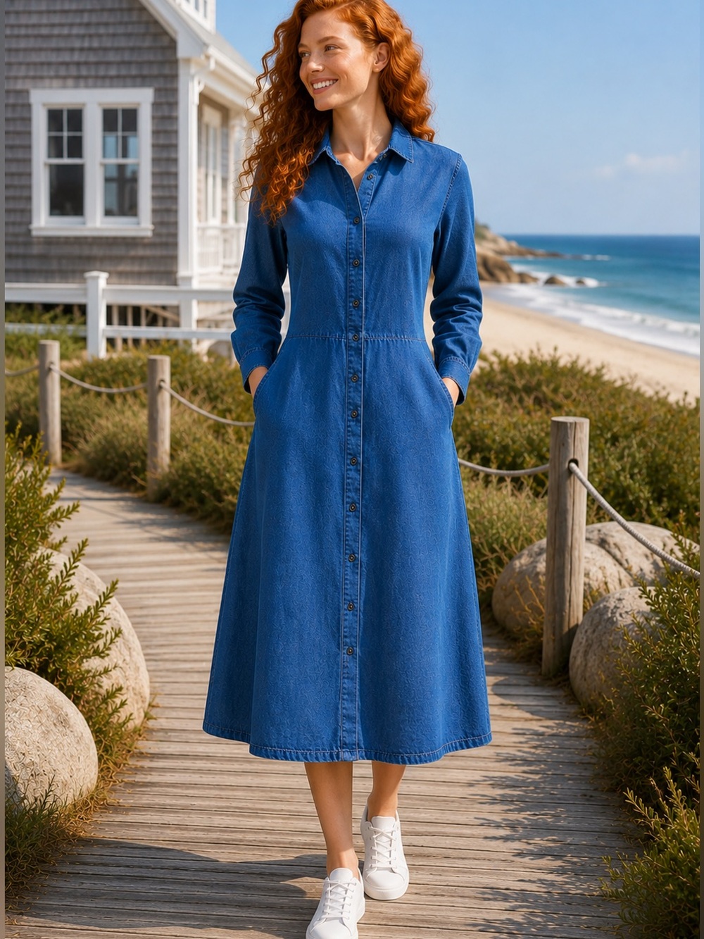 Denim Shirt Dress Midi Button Front Long Sleeve Pockets Casual Cottagecore Small